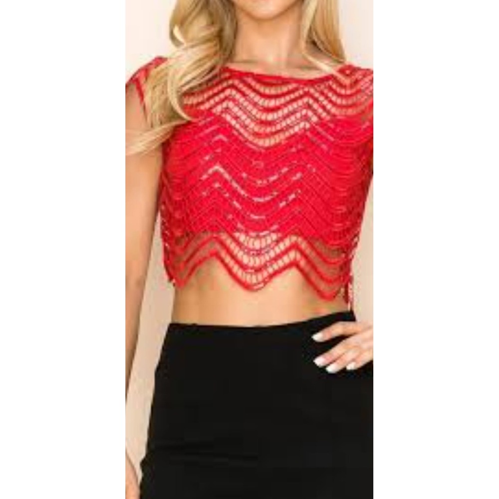 Lovesong Red Crochet Lace Crop Top Chevron Scalloped Hem Short Sleeve Zip (9)